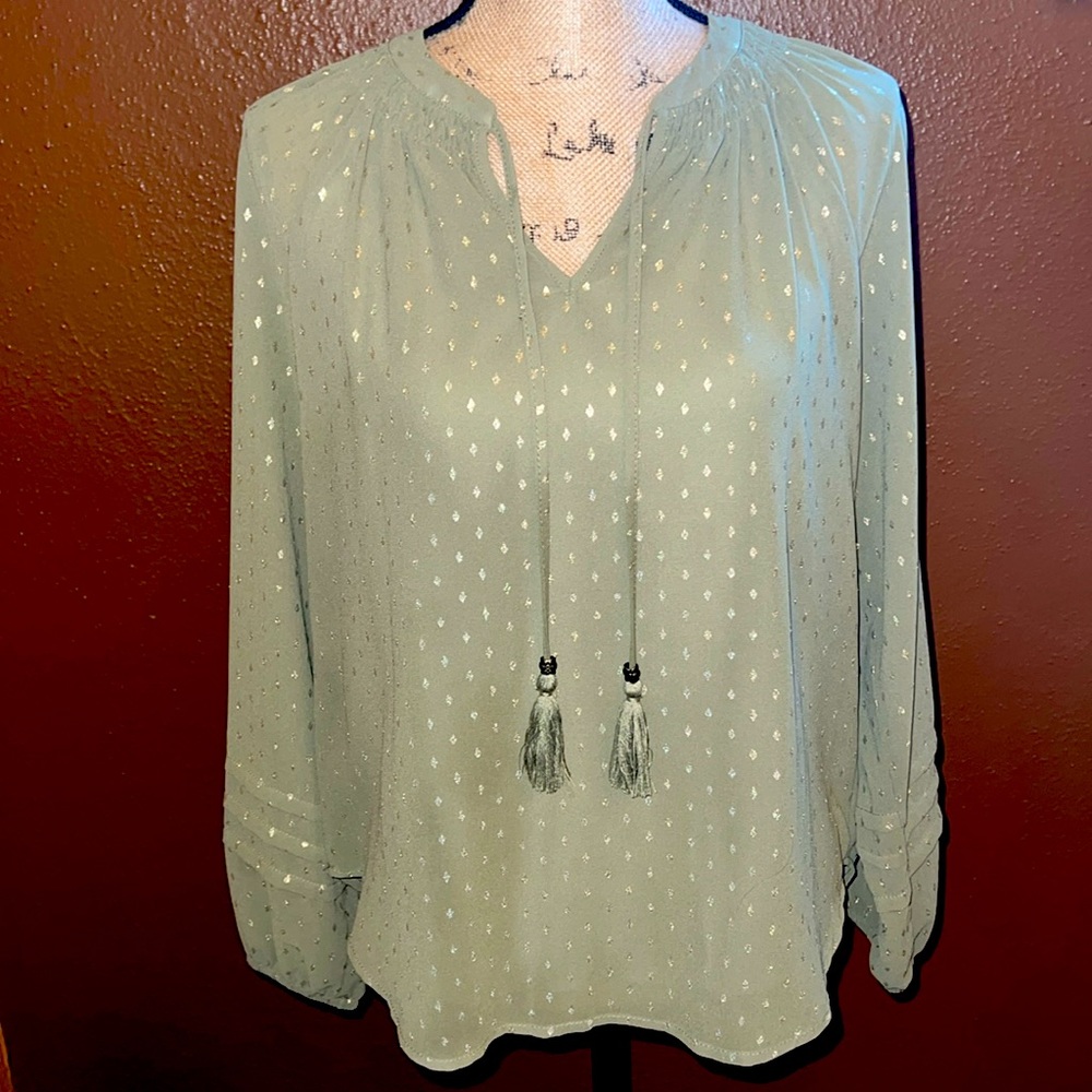 Mason & Belle | Olive with Gold Diamond Detail Blouse | size S | NWOT